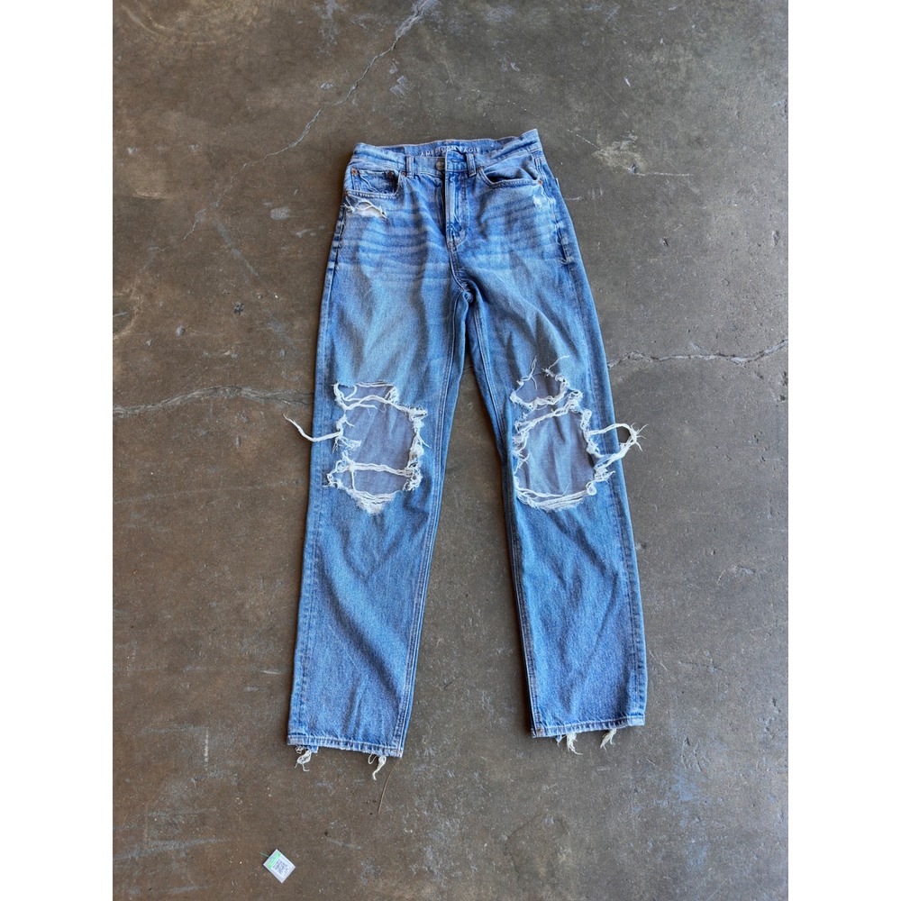 American Eagle Highest Rise Baggy Straight Distressed Jeans Light Wash Size 2